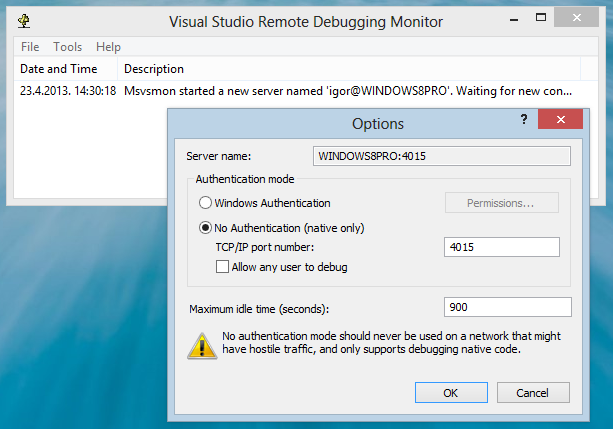 cannot connect to visual studio remote debugging monitor